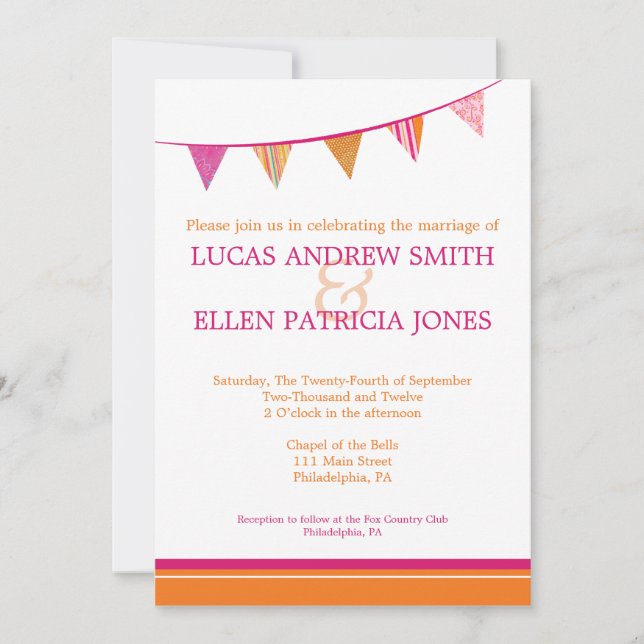 Party Flags Wedding Invitation - Pink & Orange (Front)