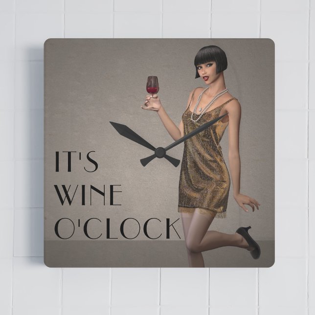 Party Flapper Girl "It's Wine O'Clock" Wall Clock (It's always wine o'clock! A fun flapper girl ready to party!)