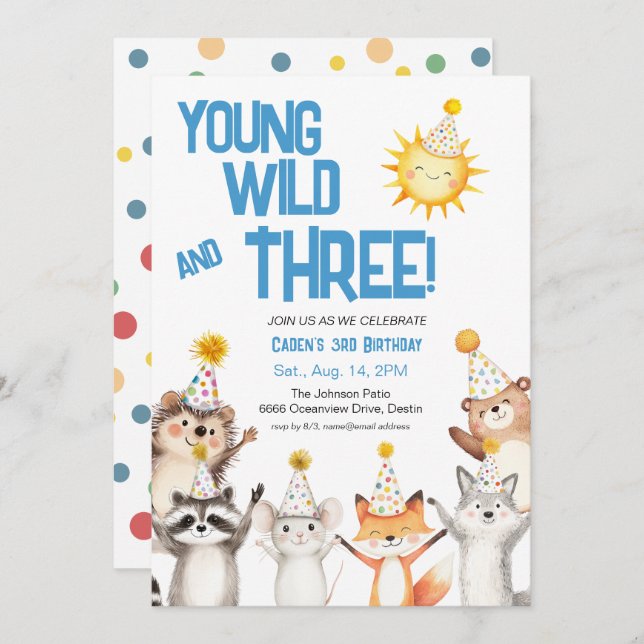 Party Forest Animals Party Hats 3rd Birthday Invitation (Front/Back)