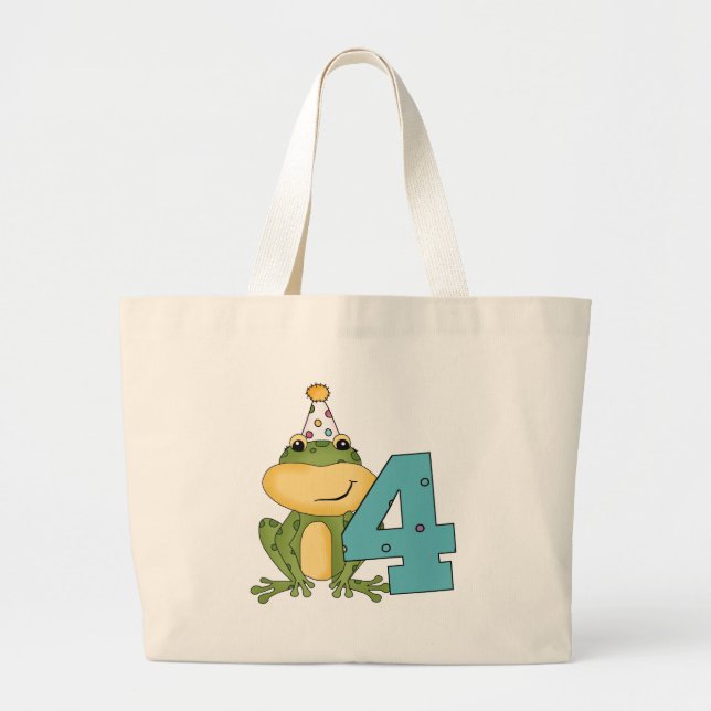 Party Frog 4th Birthday T-shirts and Gifts Large Tote Bag (Front)
