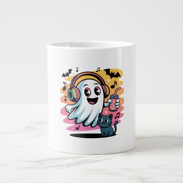 Party Ghost with Cat Cute Halloween Cartoon  Large Coffee Mug (Front)