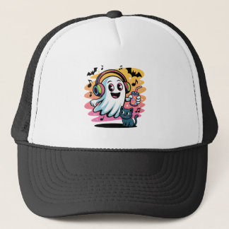 Party Ghost with Cat Cute Halloween Cartoon Trucker Hat