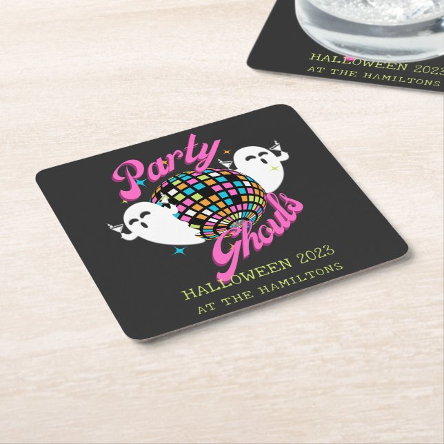 Party Ghouls Retro Halloween Ghosts Square Paper Coaster (Angled)