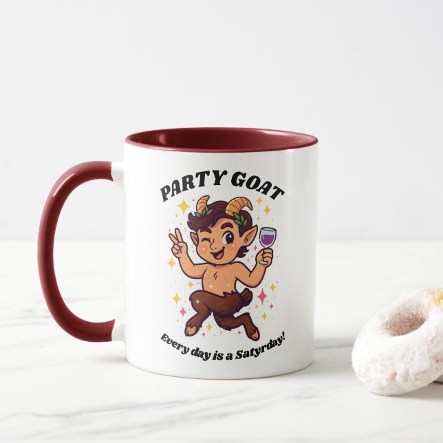 Party Goat: “Every Day is a Satyrday” Cute Satyr Mug (With Donut)