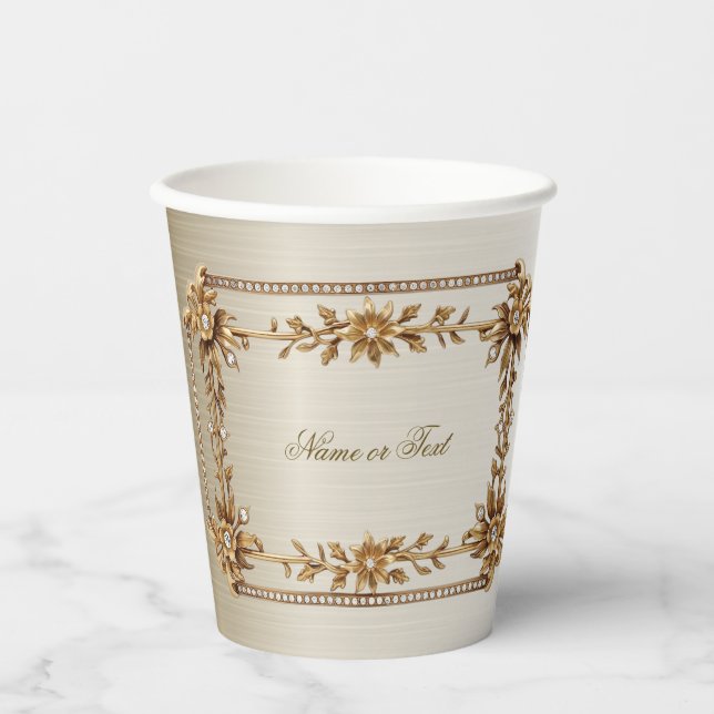 Party Gold Ornate Rectangle Dimond Flowers Shiny Paper Cups (Front)