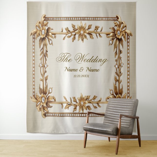 Party Gold Ornate Rectangle Dimond Flowers Shiny Tapestry (In Situ)