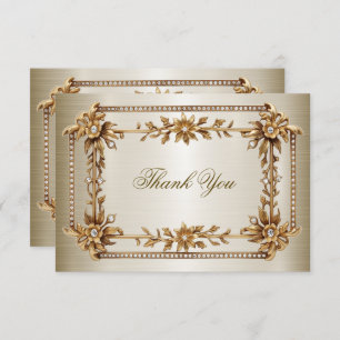Party Gold Ornate Rectangle Dimond Flowers Shiny Thank You Card