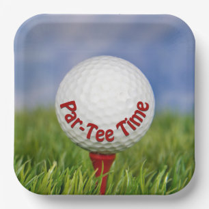 Party Golf Ball on Red Tee Paper Plate