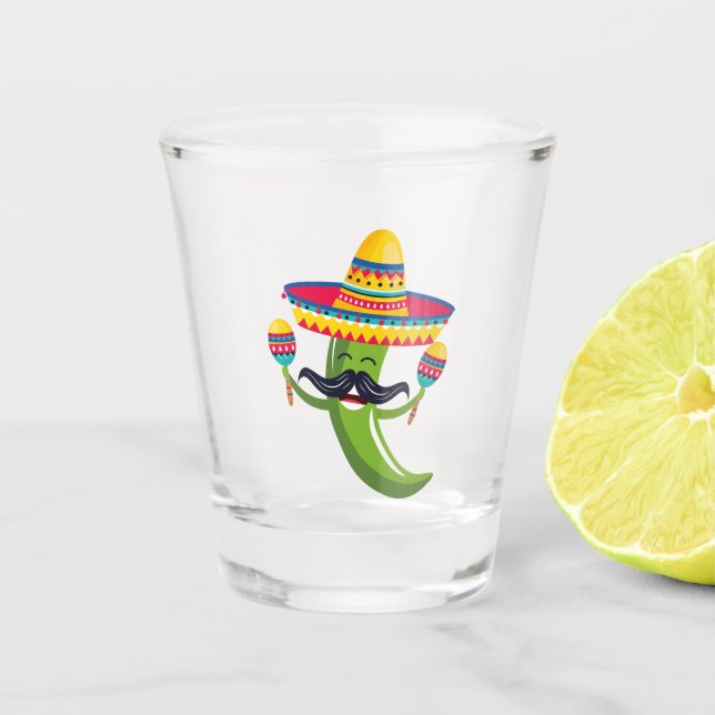 Party Green Chilli Pepper in Sombrero with Maracas Shot Glass (Front)