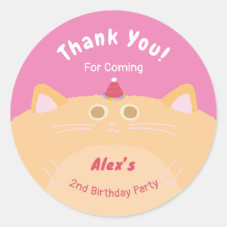 Party Hat Cat Birthday Pink Thank You Classic Round Sticker