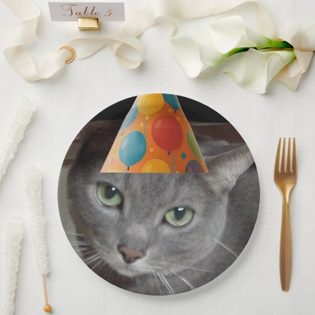 Party Hat Grey Cat Paper Plate (Wedding)