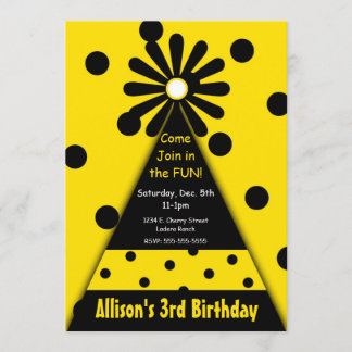 Party Hat with Yellow and Black Polka Dots Invitation