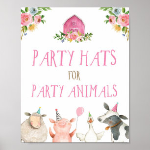 Party Hats Farm Animals Barnyard Girl Birthday Poster