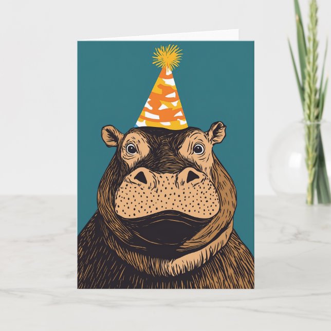 Party Hippo Greeting Card – Whimsical Celebration  (Front)