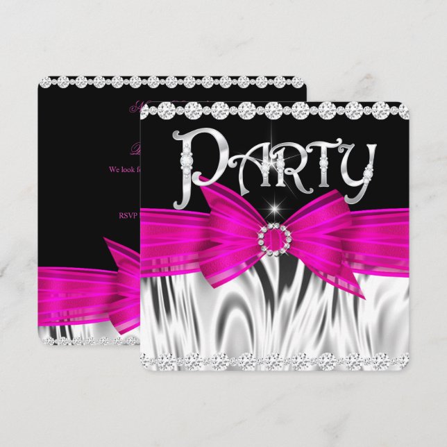 PARTY Hot Pink Bow Black Silver Birthday Party Invitation (Front/Back)
