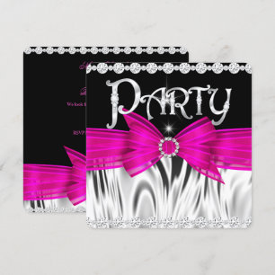 PARTY Hot Pink Bow Black Silver Birthday Party Invitation