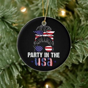 Party In USA Messy Bun 4th July Patriotic Ceramic Tree Decoration