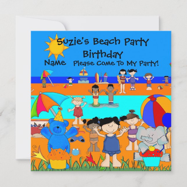 Party Invitation Birthday Beach Girls Children (Front)