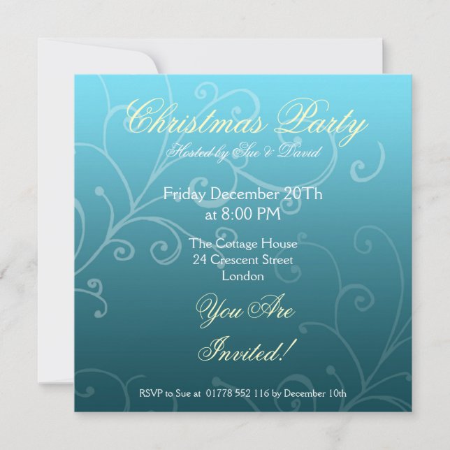 Party invitation blue with Decorative Swirl (Front)