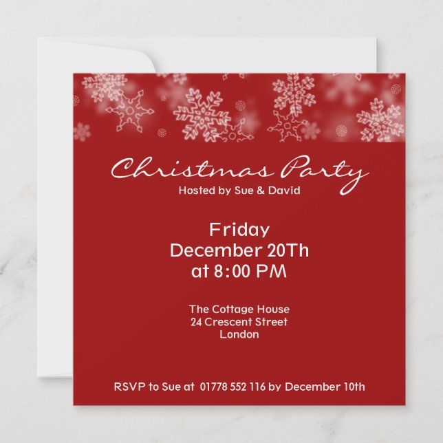 Party Invitation Falling Snowflakes Ruby Red (Front)