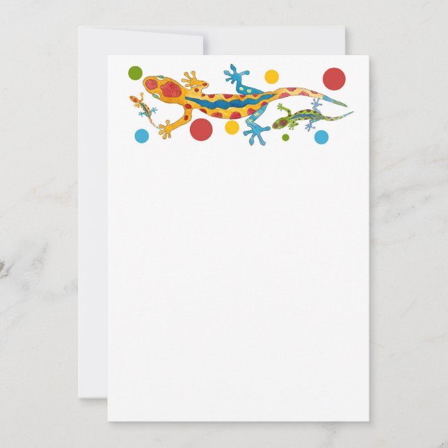 Party invitation with colourful gecko design (Front)