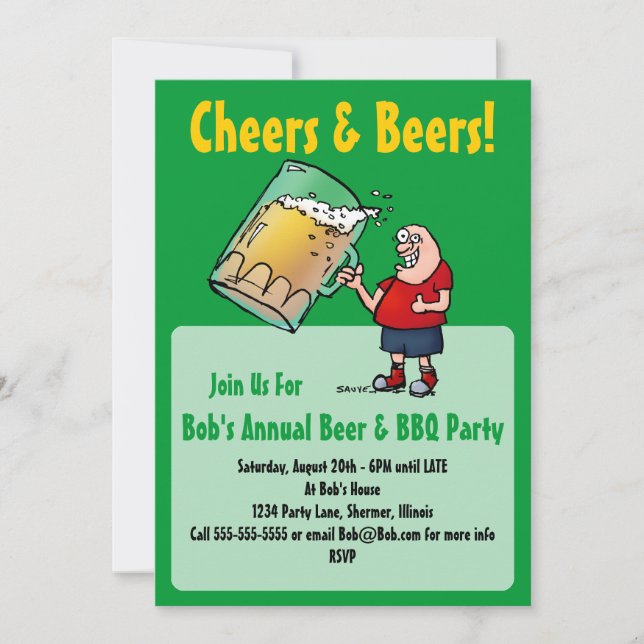 Party Invitation with Funny Cartoon Beer Guy (Front)