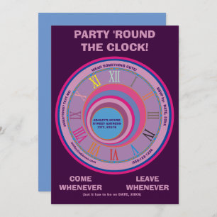 Party Invite 24-Hour Round Clock Blue Purple Pink