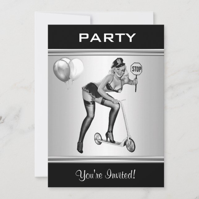 Party Invite Black & White Style Pin-Up Girl 1 (Front)