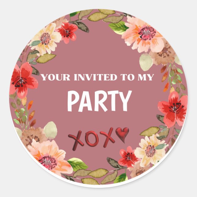 PARTY INVITE Floral  Circle Sticker (Front)