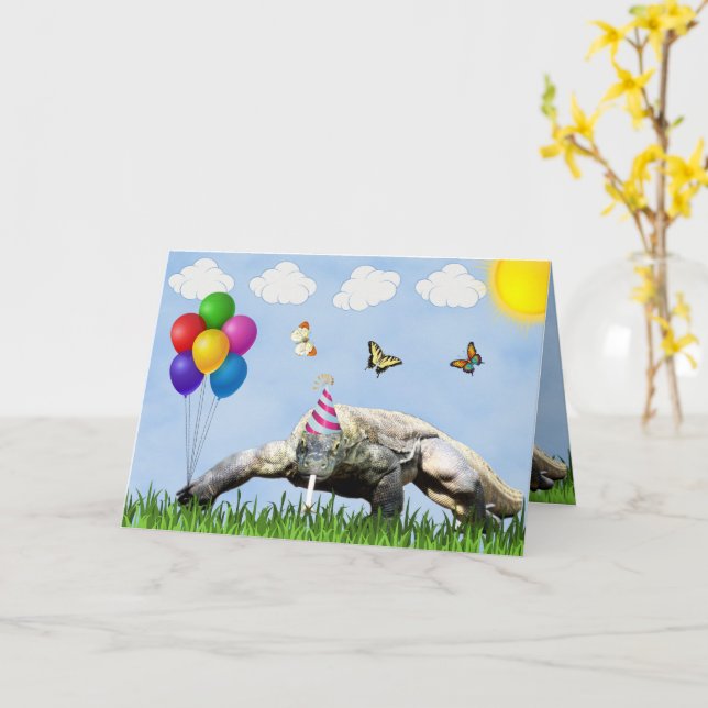Party Komodo Dragon Happy Birthday Card (Yellow Flower)
