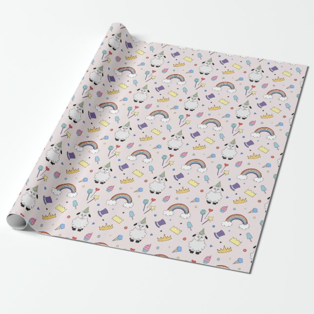 Party Lamb On Pink Wrapping Paper (Unrolled)