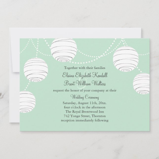 Party Lanterns Wedding Invitation in Mint Green (Front)