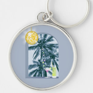 Party Lights Cocktails Disco Ball Palms on Blue Key Ring