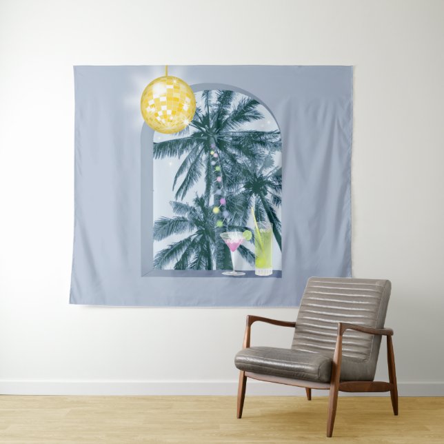 Party Lights Cocktails Disco Ball Palms on Blue Tapestry (In Situ (Horizontal))