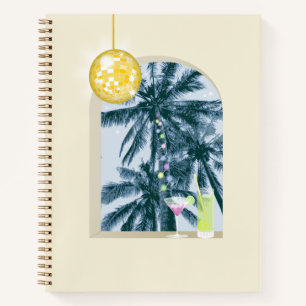 Party Lights Cocktails Disco Ball Palms on Yellow Notebook