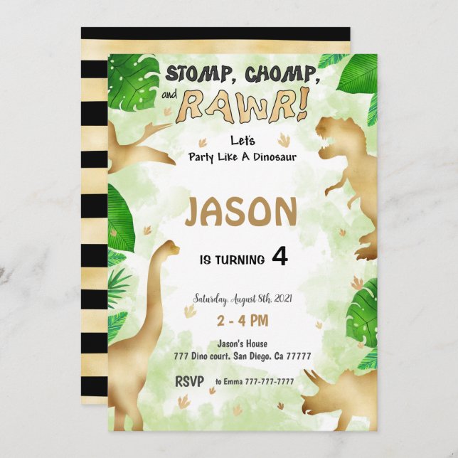Party Like A Dinosaur, Birthday Party Invitation (Front/Back)