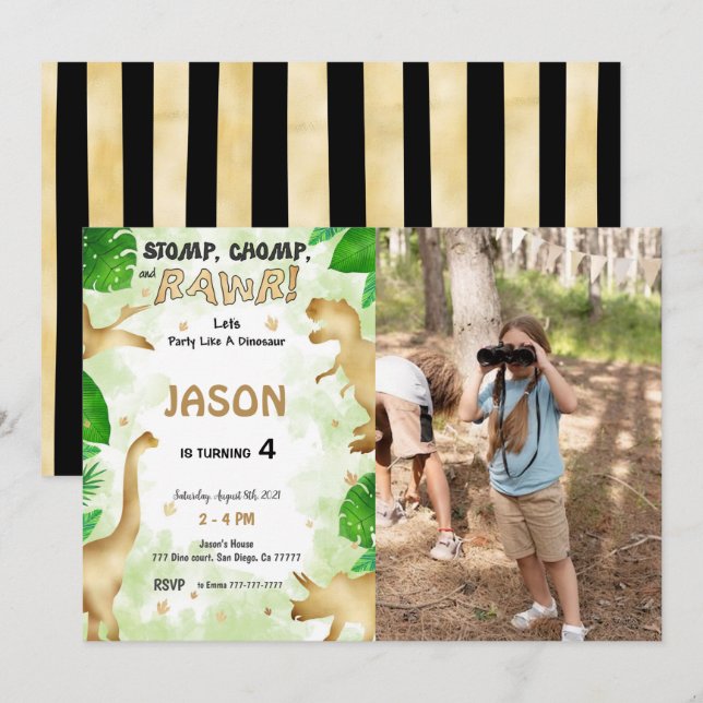 Party Like A Dinosaur, Birthday Party Photo Invitation (Front/Back)