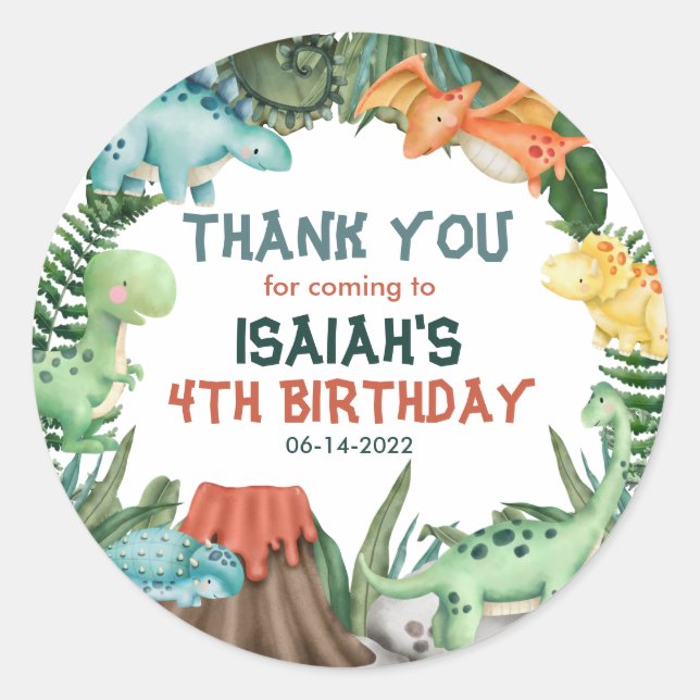 Party Like a Dinosaur Birthday Thank you  Classic Round Sticker (Front)