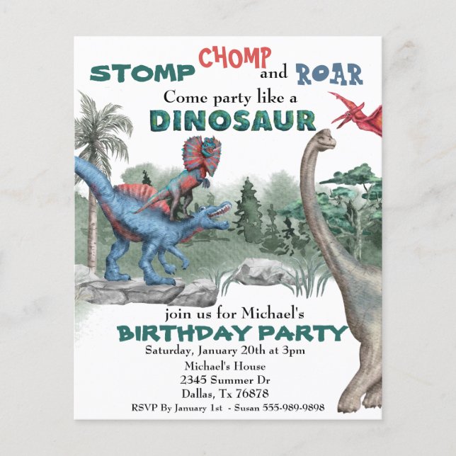 Party like a Dinosaur Birthday Watercolor Invite (Front)