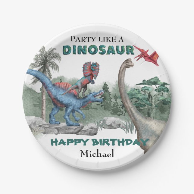 Party like a Dinosaur Birthday Watercolor  Paper Plate (Front)