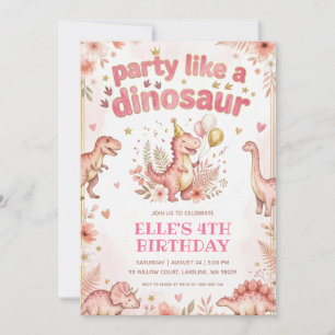 party like a dinosaur pink dinosaur birthday invitation