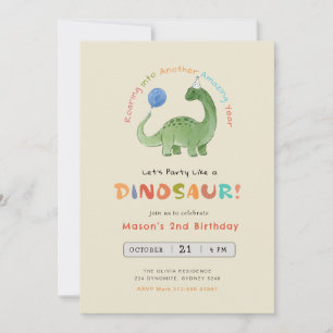 Party Like a Dinosaur Watercolor Dino 2nd Birthday Invitation