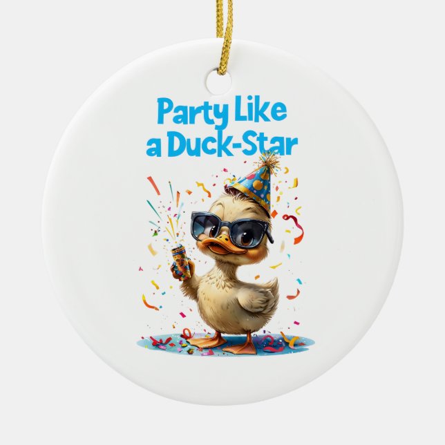 Party Like a Duck Star – Fun Celebration Design Ceramic Tree Decoration (Front)