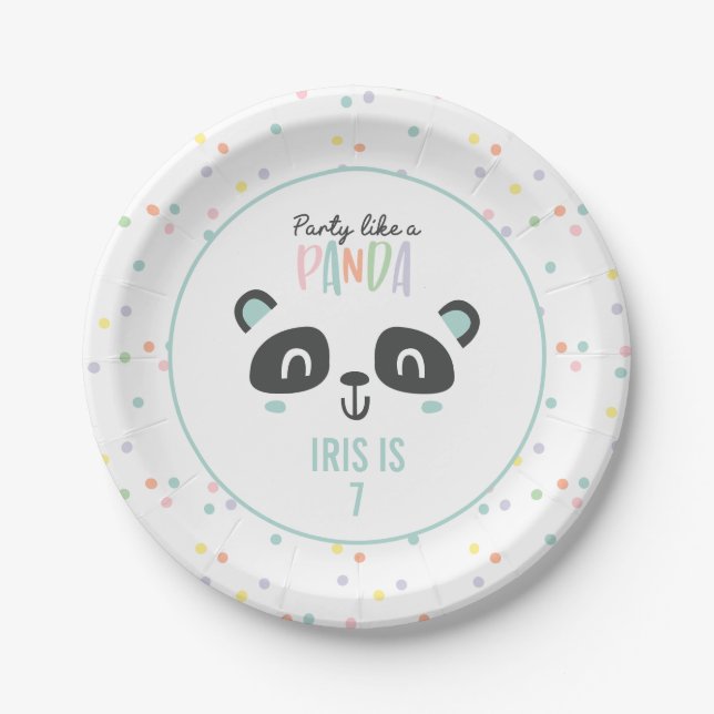 Party like a panda bright colourful birthday paper plate (Front)