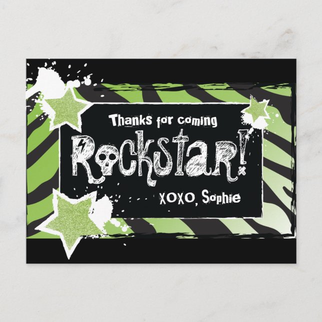 Party Like a Rockstar- Green Thank You Post Card (Front)