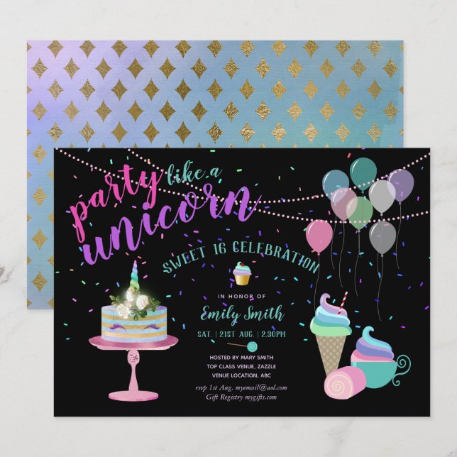 Party like a UNICORn Fun Invitation ANY Occasion (Front/Back)