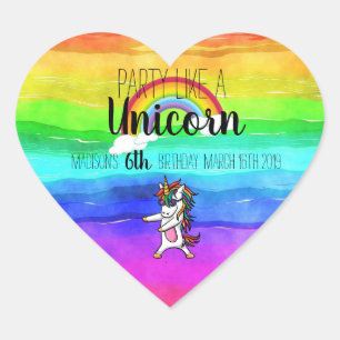 Party Like A Unicorn Rainbow Birthday Heart Sticker