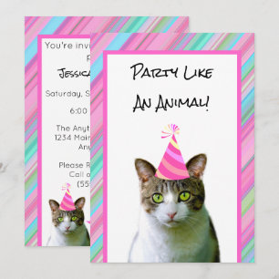 Party Like An Animal Cat With Party Hat Birthday Invitation