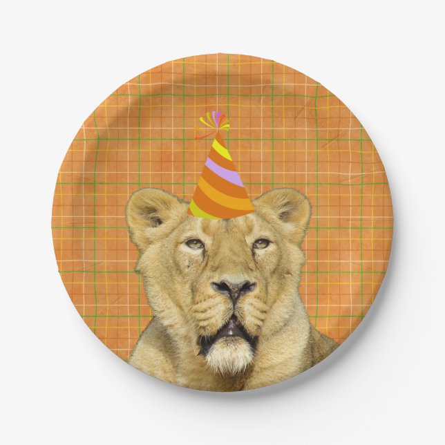 Party Like An Animal Lion With Hat Birthday Paper Plate (Front)