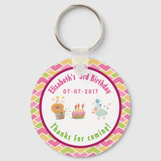 Party Lion and Sheep with Balloons Birthday Thanks Key Ring (Front)